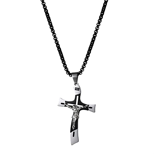 JewelryWe Schmuck Herren Kreuz Halskette mit Edelstahl INRI Kruzifix Jesus Christus Anhänger & Weizenkette Schwarz Vatertag Geschenk von JewelryWe