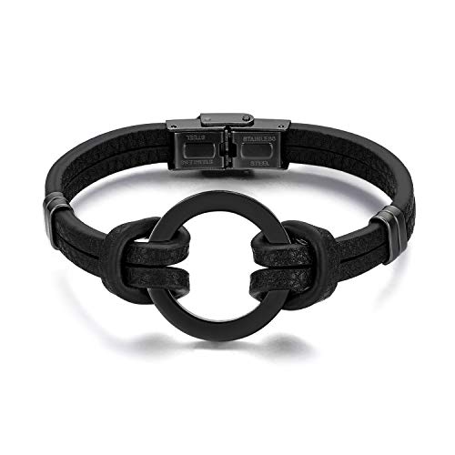 JewelryWe Schmuck Herren Leder Armbänder Edelstahl Rund Freundschaftsarmband Armschmuck, Schwarz von JewelryWe