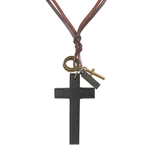 JewelryWe Schmuck Herren Leder Kette Vintage Holzkreuz Schrift Tag Ringe Kreuz Anhänger verstellbare Lange Halskette Lederkette Schwarz von JewelryWe