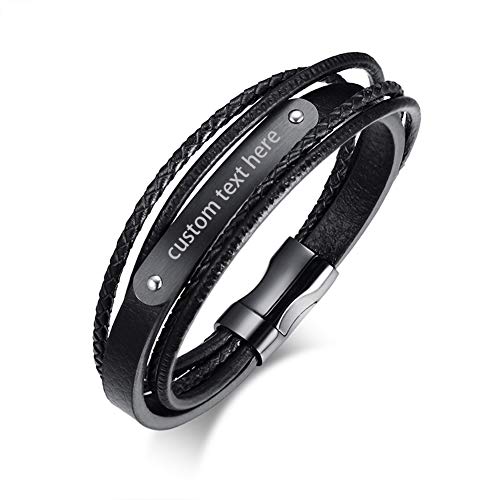 JewelryWe Schmuck Herren Lederarmband, Edelstahl Leder Poliert geflochten mehrreihiges Armband Armreif Manschette, Schwarz von JewelryWe