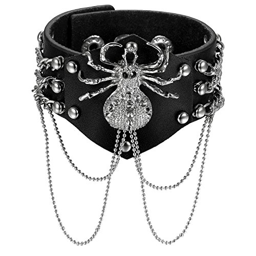 JewelryWe Herren Breites Lederarmband Spinne: Gotik Punk Spinne Nieten Druckknopf Kette Breit Leder Armband Armreif Manschette, verstellbare Größe 17-20CM, Schwarz von JewelryWe