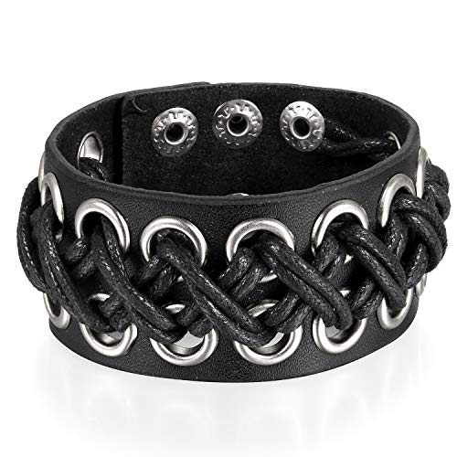 JewelryWe Schmuck Herren Lederarmband, Punk Rock Breit Criss Kreuz geflochten Leder Armband Armreif Manschette, verstellbare Größe, Schwarz von JewelryWe