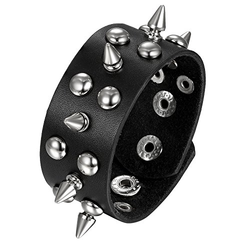 JewelryWe Schmuck Herren Lederarmband Breit Nieten Leder Armband Armreif Manschette Schwarz Rock Armschmuck von JewelryWe
