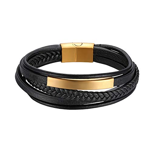 JewelryWe Lederarmband Herren Leder Armband: Schwarz Echtleder Edelstahl Ident-Armband mehrreihig handgemacht geflochten Manschette Armreif Wickelarmband mit Gold Gravurplatte Vintage Punk Schmuck von JewelryWe