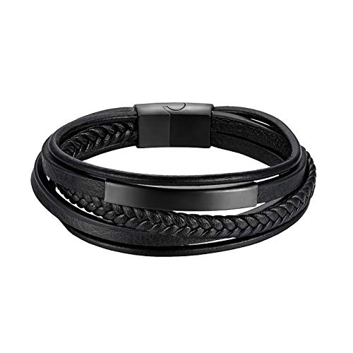 JewelryWe Schmuck Herren Lederarmband Edelstahl Leder Echtleder Ident-Armband handgemacht geflochten mehrreihiges Armband Armreif Schwarz von JewelryWe