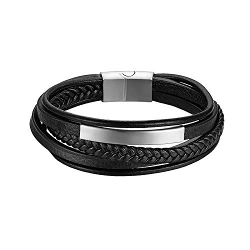 JewelryWe Lederarmband Herren Leder Armband: Schwarz Echtleder Edelstahl Ident-Armband mehrreihig handgemacht geflochten Manschette Armreif Wickelarmband mit Silber Gravurplatte Vintage Punk Schmuck von JewelryWe