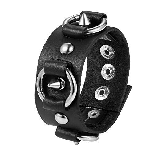 JewelryWe Herren Damen Lederarmband Gothic Nieten Spike Killernieten Druckknopf Breit Leder Armband Armreif verstellbare Schwarz von JewelryWe