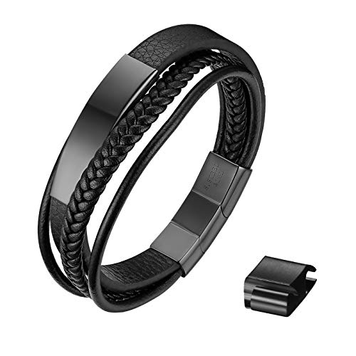 JewelryWe Schmuck Herren Lederarmband mit Gravur, Handgemacht Geflochten Mehrreihiges Leder Armband Edelstahl Magnetverschluss Verstellbar Armreif Manschette, Schwarz von JewelryWe