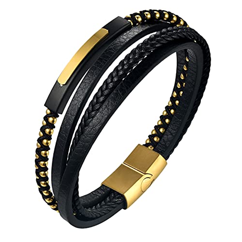 JewelryWe Schmuck Personalisierte Herren Lederarmband mit Gravur, Mehrreihiges Geflochten Leder Armband Armreif Manschette mit Edelstahl Verschluss Silber Gold von JewelryWe