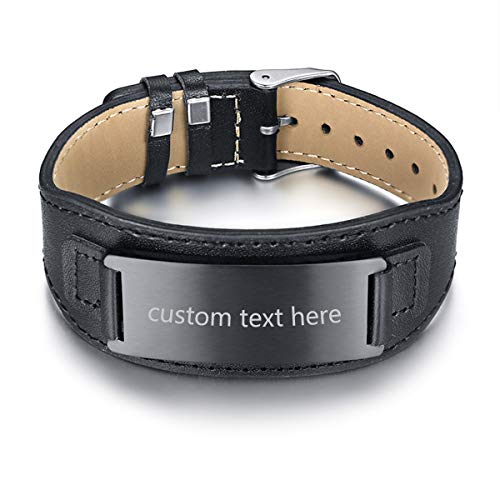 JewelryWe Schmuck Herren Lederarmband mit Gravur, Personalisierte Breit Armbänder Edelstahl Echtes Leder Geflochtene Einstellbare Armreifen Manschette für Jungen Männer, Schwarz von JewelryWe