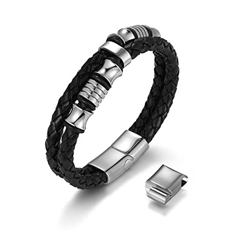 JewelryWe Schmuck Herren Lederarmband mit Gravur Edelstahl Geflochten Kügal Armband Armreif Silber Gold Schwarz Verstellbar von JewelryWe