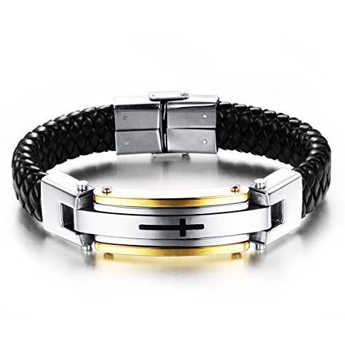 JewelryWe Schmuck Herren Männer Armband, Edelstahl Leder, Retro Einfach Kreuz Geflochten Armreif, Schwarz Silber Gold von JewelryWe