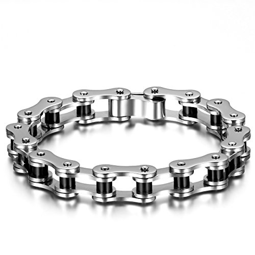 JewelryWe Schmuck Herren Männer Armband, Einzigartige kleine Motorradfahrer Armreif Freundschaftsarmband, Edelstahl, Silber Schwarz von JewelryWe