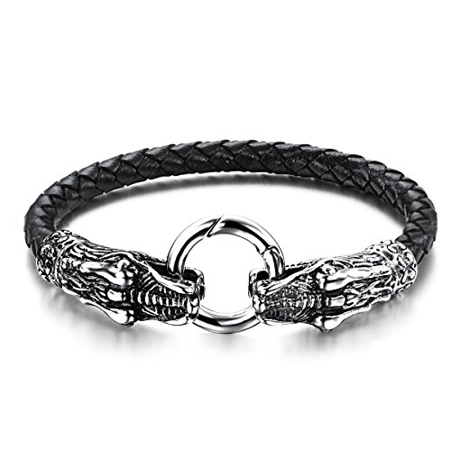 JewelryWe Schmuck Herren Männer Armband, Leder Edelstahl, Herrschsüchtige Drachen Ring Geflochten Armreif, Schwarz Silber von JewelryWe