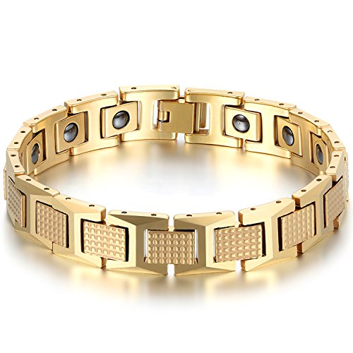 JewelryWe Schmuck Herren Magnet Armband, Luxus Kariert Rechteck I Link Magnetarmband Armreif, Wolfram Wolframcarbid, Gold von JewelryWe