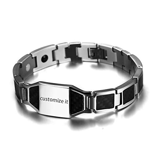 JewelryWe Schmuck Herren Magnetarmband, Edelstahl schwarz Kohlenstoff Faser Kohlefaser Magnet Armband Armreif Armkette, Silber von JewelryWe