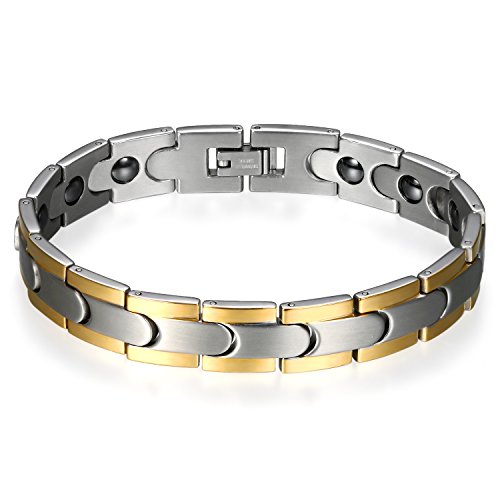 JewelryWe Schmuck Herren Magnetarmband + Link Removal Tool, 12mm Klassisch Edelstahl Poliert Magnetisch Armreif Magnete Armband Armkette, Silber Gold von JewelryWe