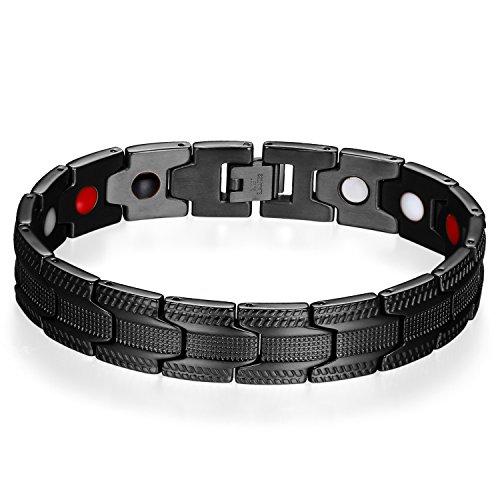 JewelryWe Schmuck Herren Magnetarmband + Link Removal Tool, 14mm Edelstahl Klassiker Link Magnetisch Armreif Magnete Armband Armkette, Schwarz von JewelryWe