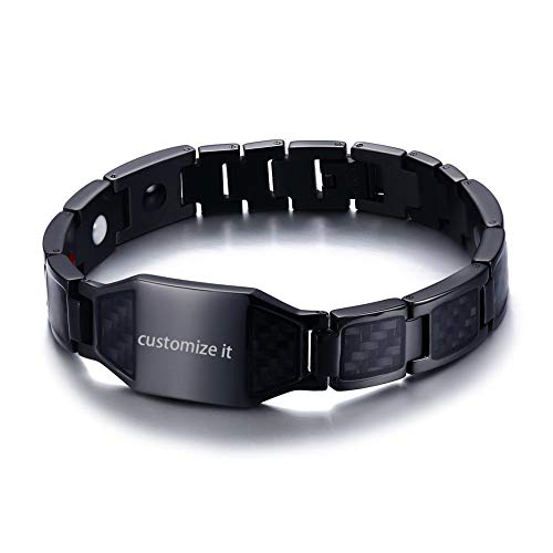 JewelryWe Schmuck Personalisierte Herren Magnetarmband mit Gravur Edelstahl Kohlenstoff Faser Kohlefaser Magnet Armband Armreif Armkette Geschenk Schwarz von JewelryWe