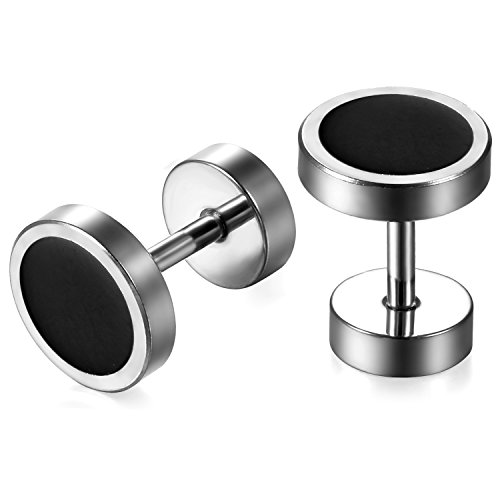 JewelryWe Schmuck Herren Ohrringe, 8mm Edelstahl Fake Plug Ohrclips Emaille Lünette runde coole Ohrstecker Tunnel Piercing für Männer, Silber Schwarz von JewelryWe