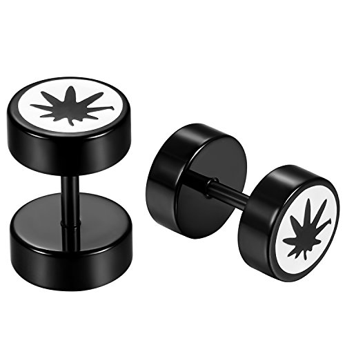 JewelryWe Schmuck Herren Ohrringe, Edelstahl Ahornblatt Blatt Fakeplugs Fake Plug Tunnel Ohrstecker Ohr Piercing, Schwarz Weiß von JewelryWe
