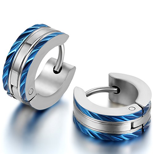 JewelryWe Schmuck Herren-Ohrringe, Edelstahl Creolen Gestüt Ohrstecker, Blau Silber von JewelryWe