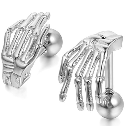 JewelryWe Knorpel Ohrstecker Skelett Hand: Herren Damen Tragus Ohrringe Edelstahl Gotik Totenkopf Knochen Hand Helix Conch Ohr Piercings Knorpelpiercing Silber von JewelryWe