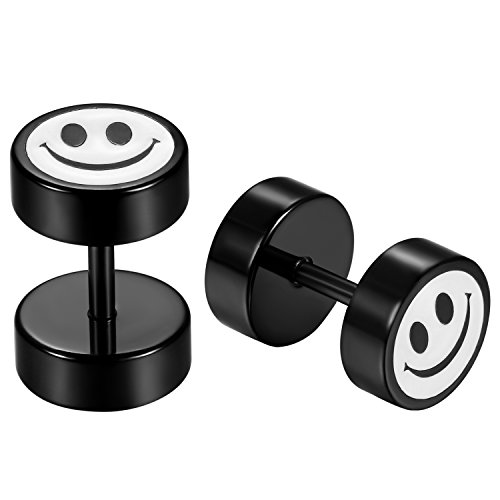 JewelryWe Schmuck Herren Ohrringe, Edelstahl Lächeln Smiley Gesicht Fakeplugs Fake Plug Tunnel Ohrstecker Ohr Piercing, Schwarz Weiß von JewelryWe