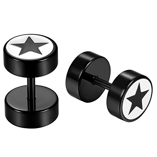 JewelryWe Schmuck Herren Ohrringe, Edelstahl Stern Pentagramm Fakeplugs Fake Plug Tunnel Ohrstecker Ohr Piercing, Schwarz Weiß von JewelryWe
