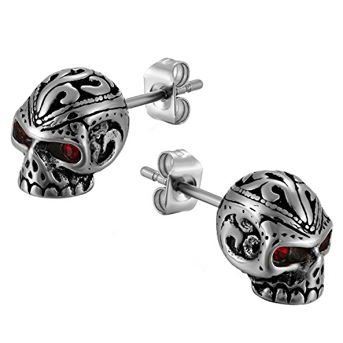 JewelryWe Schmuck Herren-Ohrringe, Gotik Totenkopf Schädel Ohrstecker, Zirkonia Diamant Edelstahl, Rot Silber von JewelryWe