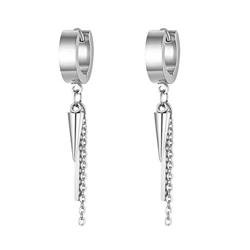 JewelryWe Schmuck Herren Ohrringe Creolen mit Ahle Taper Spitze, Kette und Quader Anhänger Edelstahl Ohr Manschette Ohrstecker Ohrhänger Ohrpiercings für Männer Frauen Silber von JewelryWe