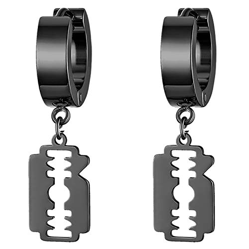 JewelryWe Schmuck Herren Ohrringe Edelstahl Creolen mit Rasierklinge Anhänger Trendy Punk Ohrstecker Ohrhänger Piercing, Schwarz von JewelryWe