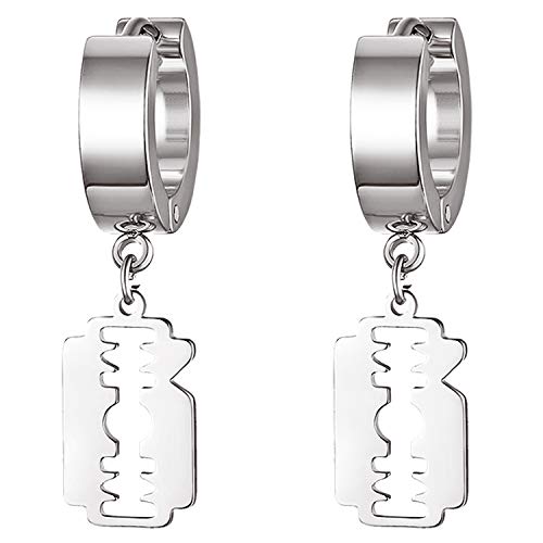 JewelryWe Schmuck Herren Ohrringe Edelstahl Creolen mit Rasierklinge Anhänger Trendy Punk Ohrstecker Ohrhänger Piercing Silber von JewelryWe