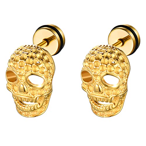 JewelryWe Schmuck Herren Ohrringe Edelstahl Totenkopf Schädel Ohrstecker Ohrpiercing Gold Vatertag Geschenk Halloween von JewelryWe