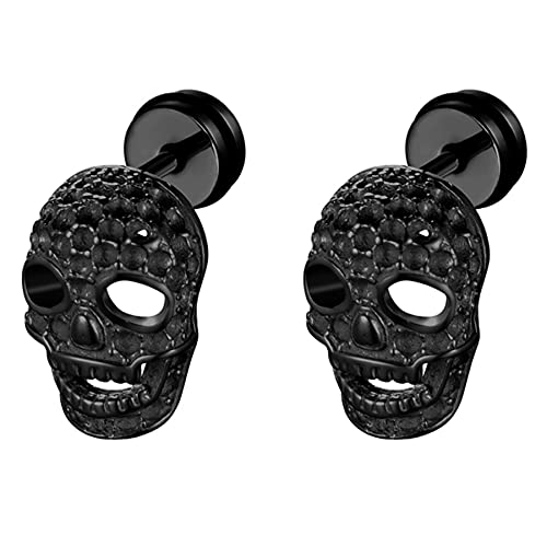 JewelryWe Schmuck Herren Ohrringe Edelstahl Totenkopf Schädel Ohrstecker Ohrpiercing Schwarz Vatertag Geschenk Halloween von JewelryWe