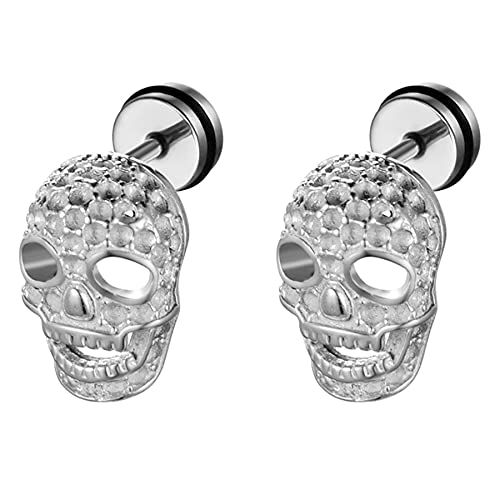 JewelryWe Schmuck Herren Ohrringe Edelstahl Totenkopf Schädel Ohrstecker Ohrpiercing Silber Vatertag Geschenk Halloween von JewelryWe