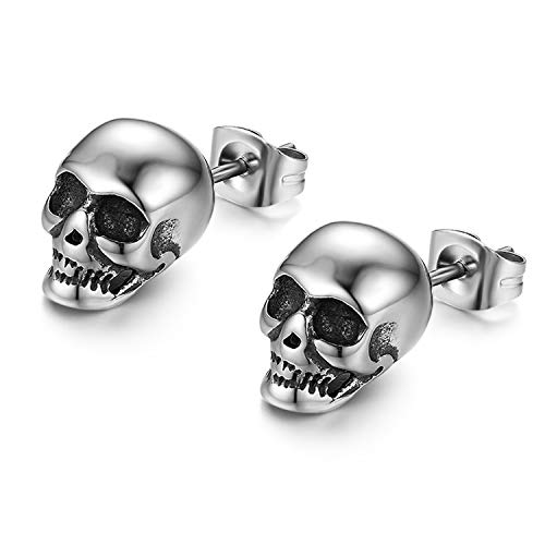 JewelryWe Schmuck Herren Ohrringe Edelstahl poliert Totenkopf Punk style hip hop Ohrstecker Ohrschmuck, Silber von JewelryWe