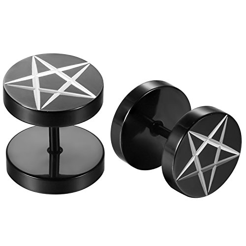 JewelryWe Schmuck Herren Ohrstecker, 10mm Stern Pentagramm Laser Muster Runde Kreis Illusion Tunnel Plug Ohrringe Ohrschmuck, Edelstahl, Schwarz von JewelryWe