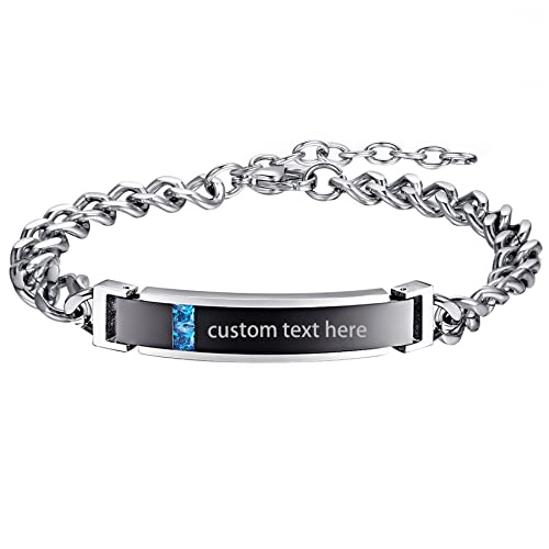 JewelryWe Personalisiert Armband Panzerkette Herren: Edelstahl Poliert Kubanische Kette Armreif Armkette Kettenarmband mit Blau Zirkonia und Gravur Schmuck Geschenk für Männer von JewelryWe