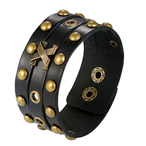 JewelryWe Schmuck Herren Retro Breit Lederarmband Punk Rock Kreuz Nieten geflochten Leder Armreif Manschette Druckknopf Biker Armband verstellbar Schwarz von JewelryWe