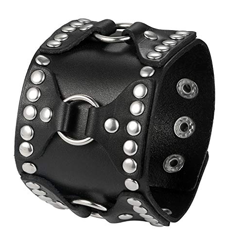 JewelryWe Schmuck Herren Retro Breit Lederarmband Punk Rock Ring Kreis Nieten geflochten Leder Armreif Manschette Druckknopf Biker Armband verstellbar Schwarz von JewelryWe