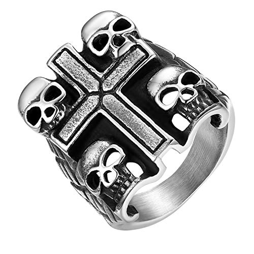 JewelryWe Totenkopf Kreuz Ring Herren: 23mm Breit Edelstahl Herren-Ring Gothic Punk 4 Schädel mit Kreuz Siegelring Männer Halloween Fingerring Biker Ring Band Silber Größe 62 von JewelryWe