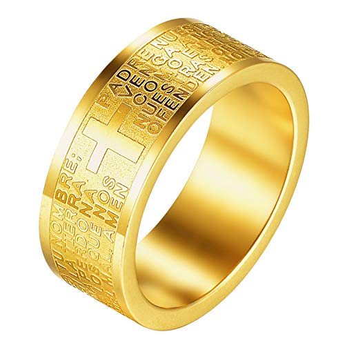 JewelryWe Bibel Gebet Kreuz Ring: 8mm Gold Edelstahl Herren-Ring Damen-Ring Englisch Vaterunser Kreuz Fingerring Band Bandring Religiöse Schmuck Geschenk für Herren Damen Größe 65 von JewelryWe