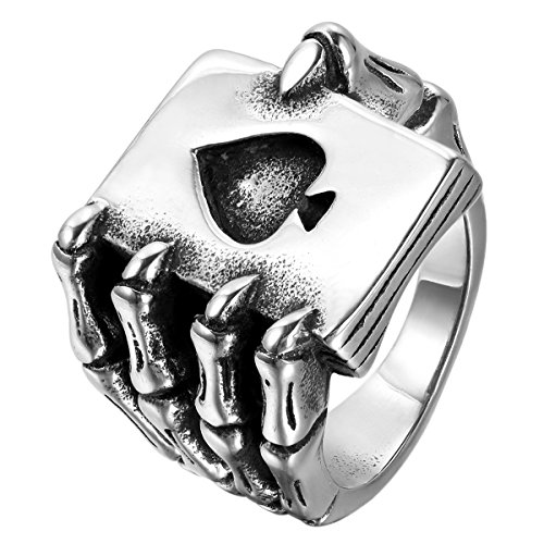 JewelryWe Schmuck Herren-Ring, Edelstahl, Gotik Schädel Klaue Poker Karte, Schwarz Silber - Größe 57 von JewelryWe