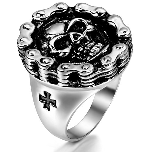 JewelryWe Schmuck Herren Ring, Edelstahl, Gotik Totenkopf Fahrradkette Herrenring Band, Silber, Größe 59 von JewelryWe