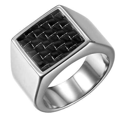 JewelryWe Schmuck Herren-Ring, Edelstahl Kohlenstoff Faser Kohlefaser Kariert Plaid Quadrat Rechteck Siegelring Ring Band für Männer, Schwarz Silber - Größe 65 von JewelryWe