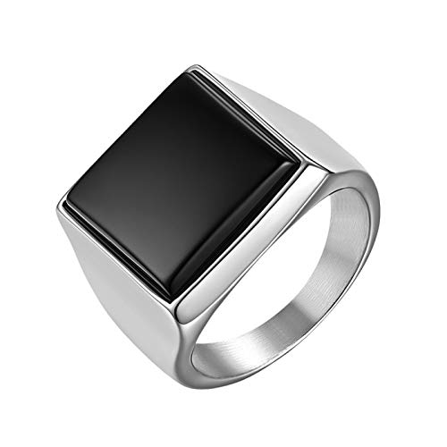 JewelryWe Schmuck Herren-Ring, Edelstahl Quadrat Siegelringe Bandringe Punk Hochzeit Engagement Ringe mit Gravur, Silber Schwarz, Größe 59 von JewelryWe