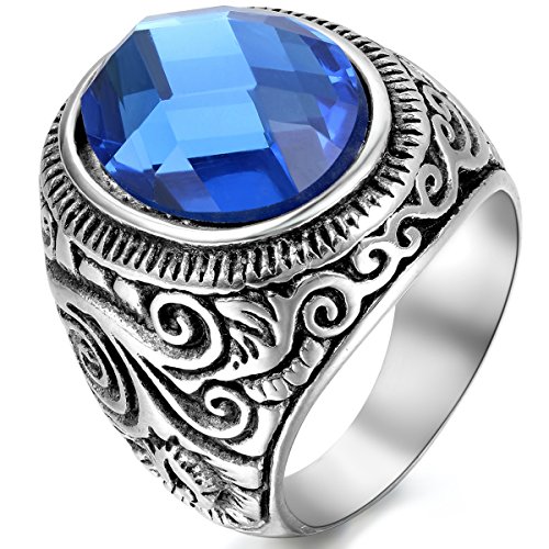 JewelryWe Ringe Herren Edelstahl Solitärring: Herren-Ring Klassiker Retro Charm Blumen Schnitzerei Ring Blau Glas Stein Bandring Band mit Gravur Silber Größe 67 von JewelryWe