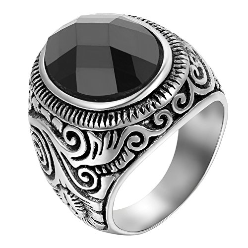 JewelryWe Schmuck Herren-Ring, Klassiker Retro Charm Schnitzerei, Edelstahl Glas, Schwarz Silber - Größe 62 von JewelryWe