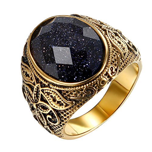 JewelryWe Schmuck Herren-Ring, Lila Sandstein Edelstahl, Retro Klasische geschnitzt Blumen Muster Ring Band, Gold - Größe 67 von JewelryWe